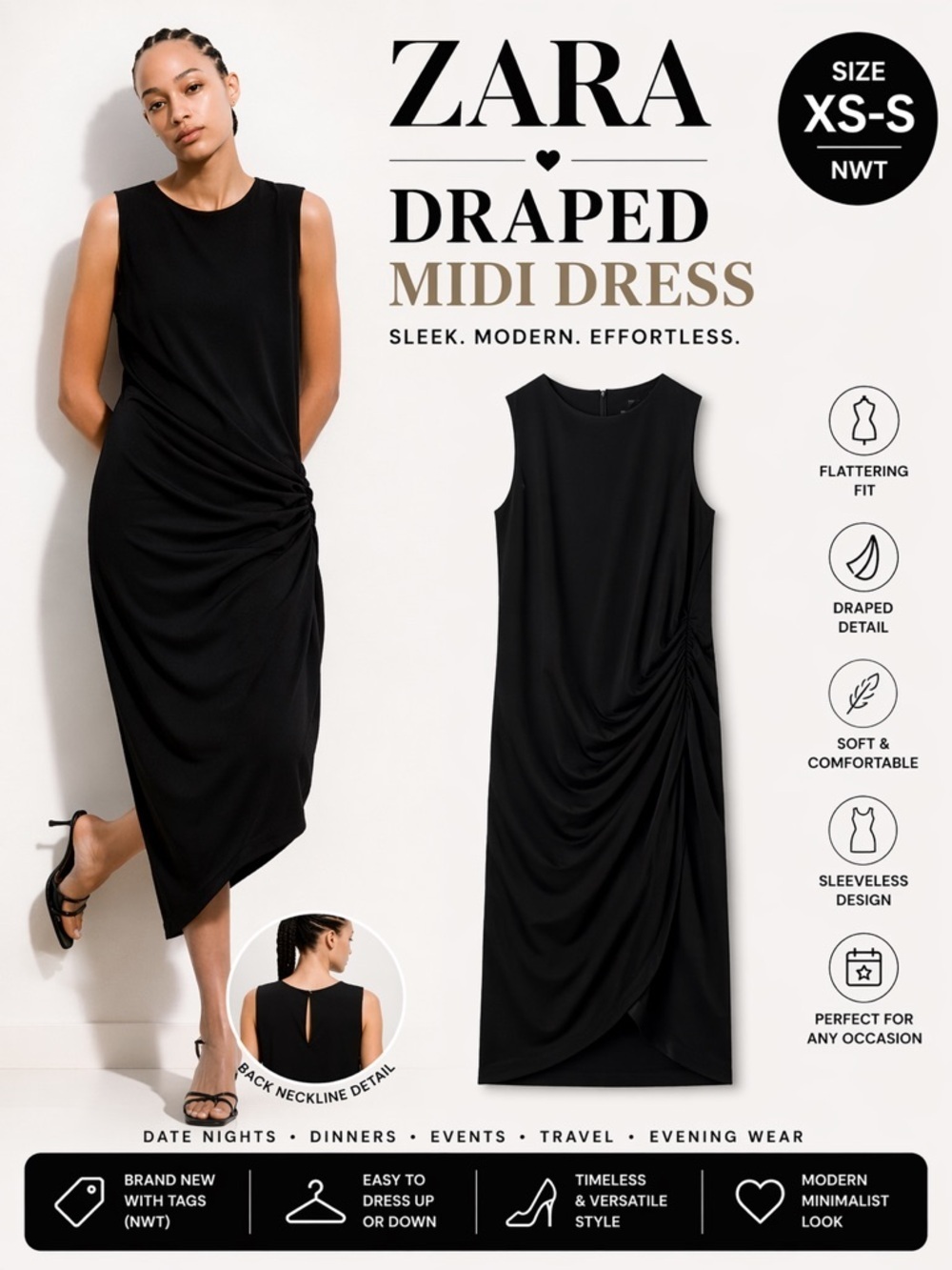 ZARA Black Draped Midi Dress NWT XS-S Sleeveless Ruched Dress